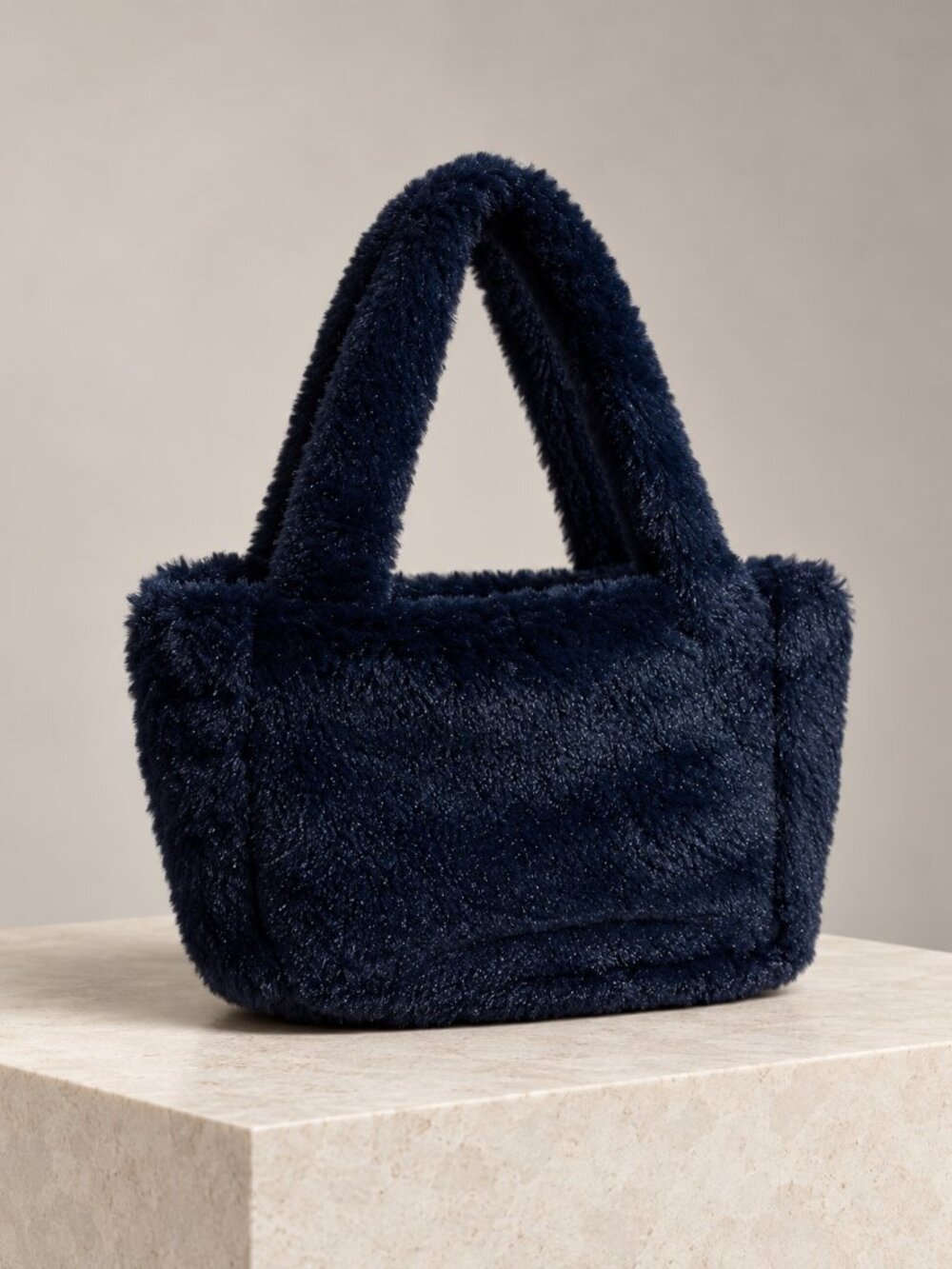 Navy Blue Plush Faux Fur Handbag Purse